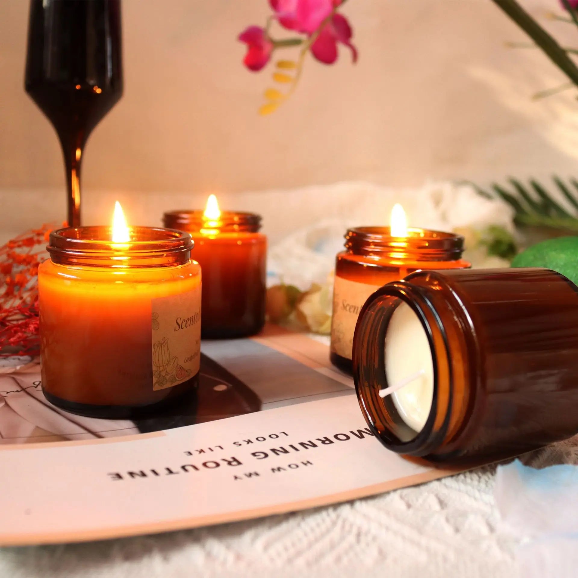 Retro Tea Colored Glass Jar Cup Aroma Candle Indoor Home Decoration Fragrance MSG Ghee Lamp Lavender Vanilla Freesia Fragrance